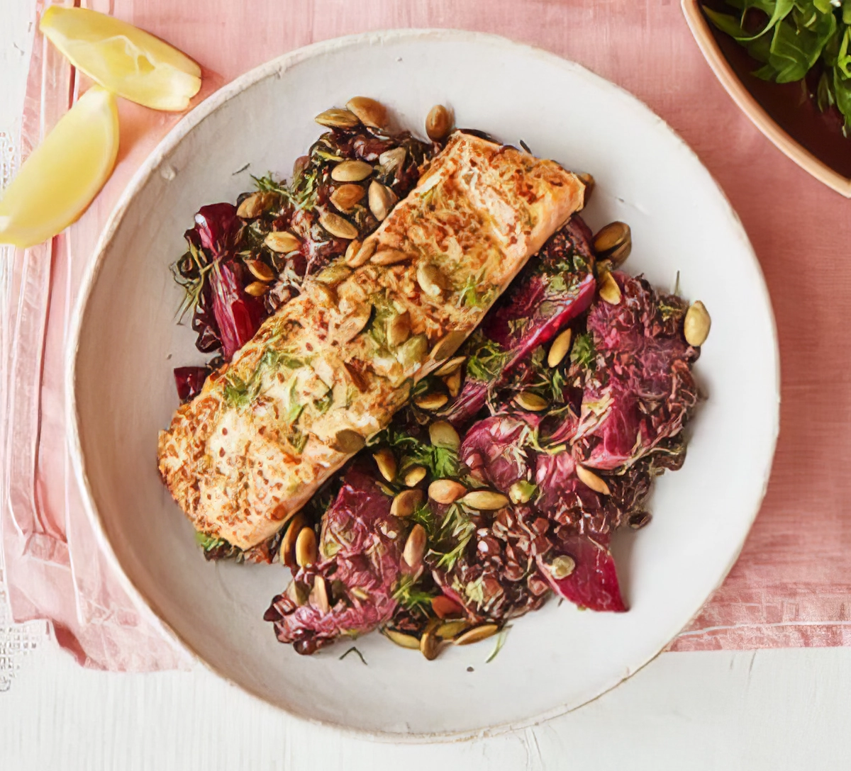 Losos s hořčicí, červenou řepou a čočkou